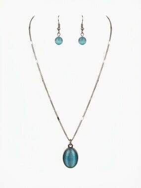 Silver Necklace and Earring Set with Teal Blue Stone